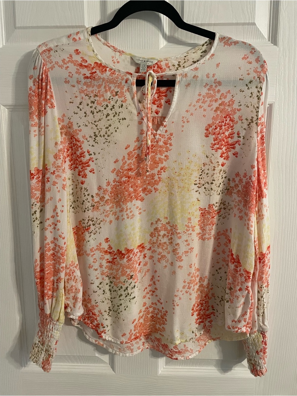 Lucky Brand Coral and Yellow Floral Tie-Neck Blouse